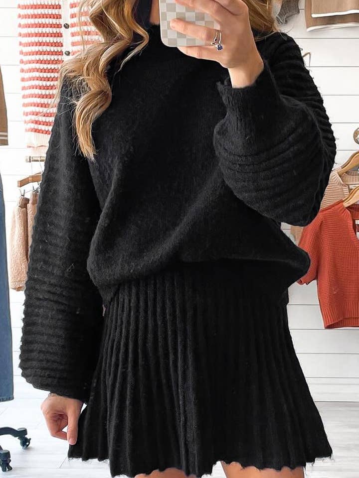 Svart högkrage tröja med puffärmar och plisserad minikjol 2-delad stickad outfit för wholesale av Shoppe247