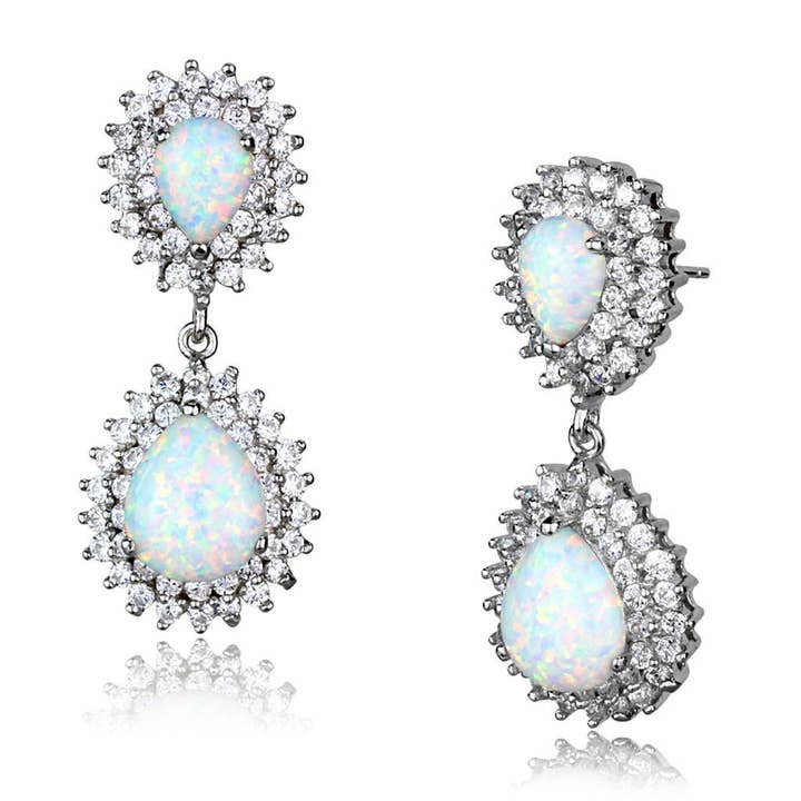 LOS879 - Rhodium 925 Sterling Silver Earrings with Semi-Precious Opal in Aurora Borealis (Rainbow Effect) for wholesale by Alamode
