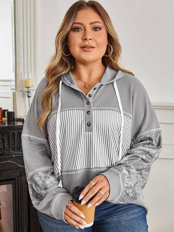 FB Plus Size Stripe Patchwork Waffle Half-Button Hooded Top for wholesale by FASHION BLVD