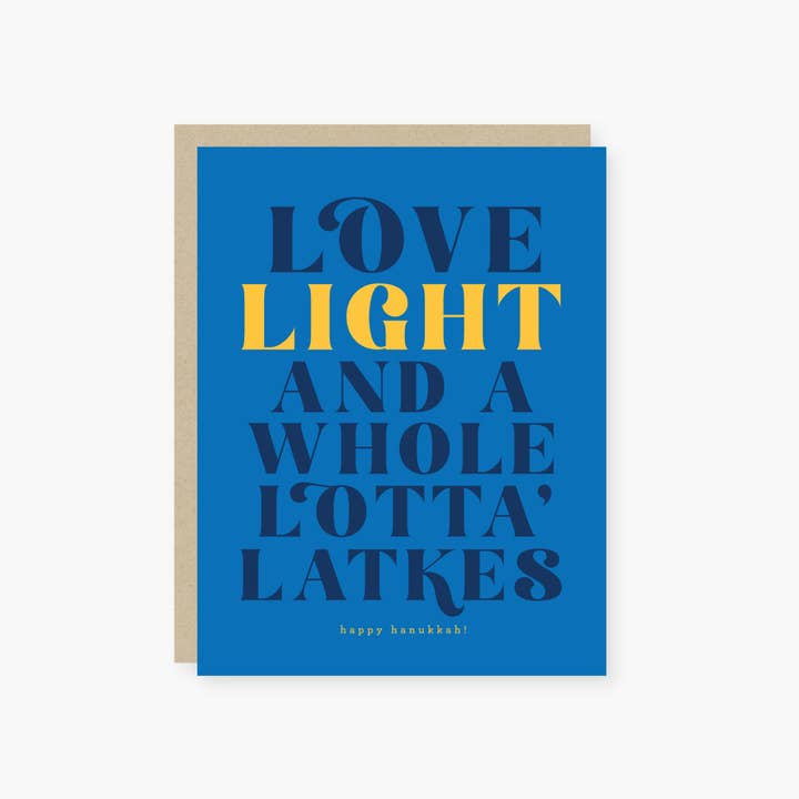 Love Light and a whole lotta' Latkes Hanukkuh greeting card for wholesale by 2021 Co.