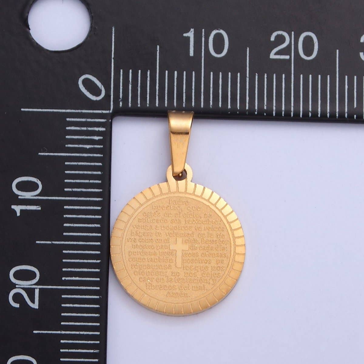 Aim Eternal - Wholesale Individual Charm/Pendant - Stainless Steel Round Medallion, The Lord's Prayer in Spanish, Religious Cross in Silver & Gold  I-439 I-4443