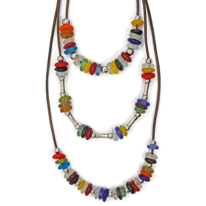 13D Go Long Leather Necklace With African Fused Glass Beads for wholesale by Sea Ranch Jewelry