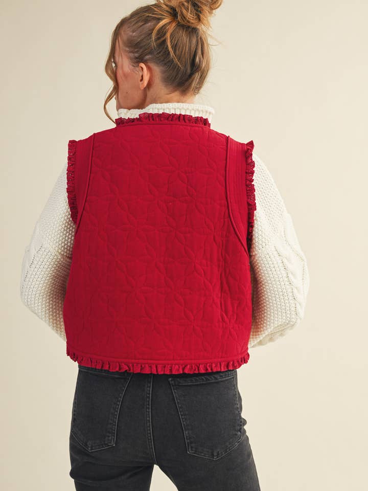 &MERCI - Wholesale Outerwear Vest - Women's - FLORAL QUILTED LACE TRIM BOW TYING VEST MJK411323
