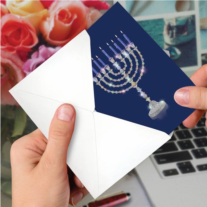 NobleWorks - Wholesale Hanukkah Card - Boxed Hanukkah Cards - Menorah Bling