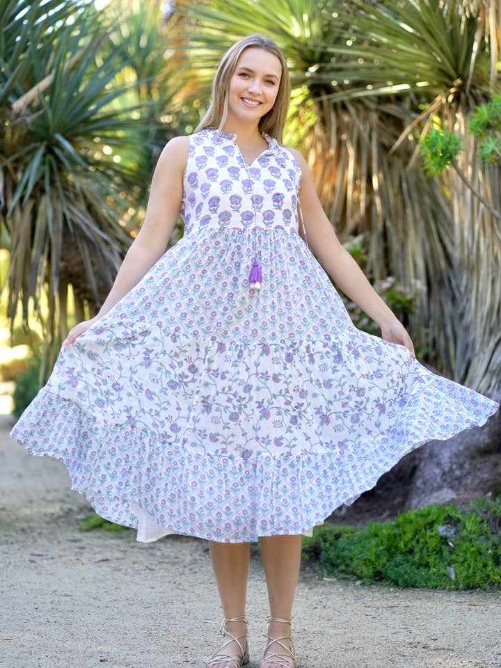 Nola Sleeveless Block Print Dress Lavender Teal for wholesale on Faire