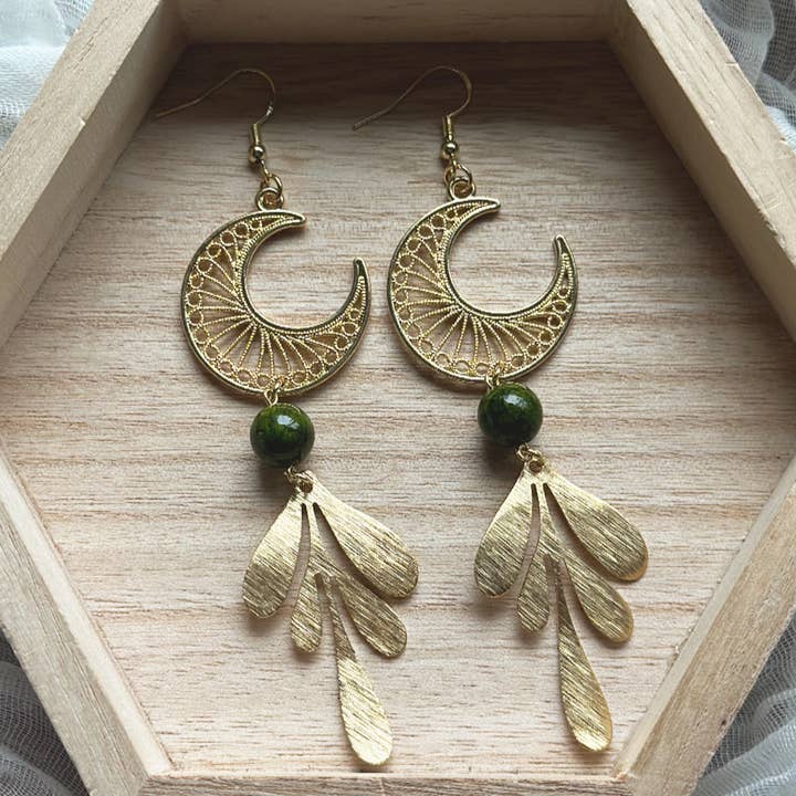 Green Serpentine Crystal Moons for wholesale by Monstera Earrings