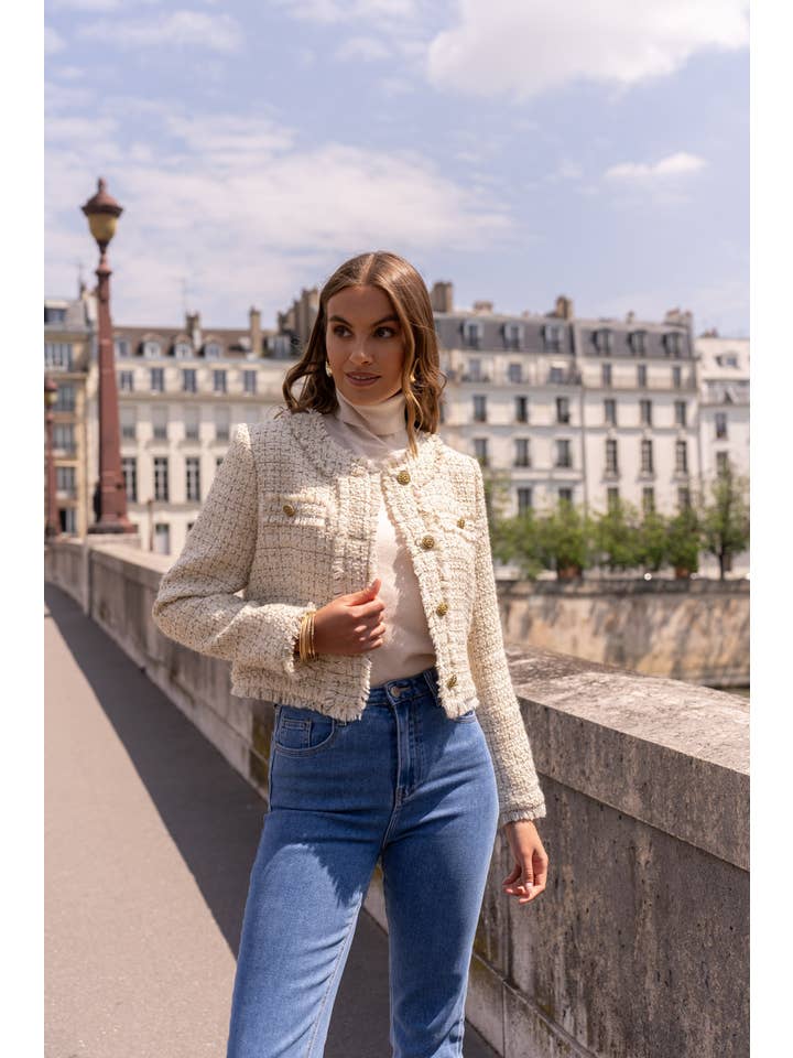 Attentif Paris - Wholesale Blazer – Women's - Cropped crew neck fitted tweed blazer jacket14