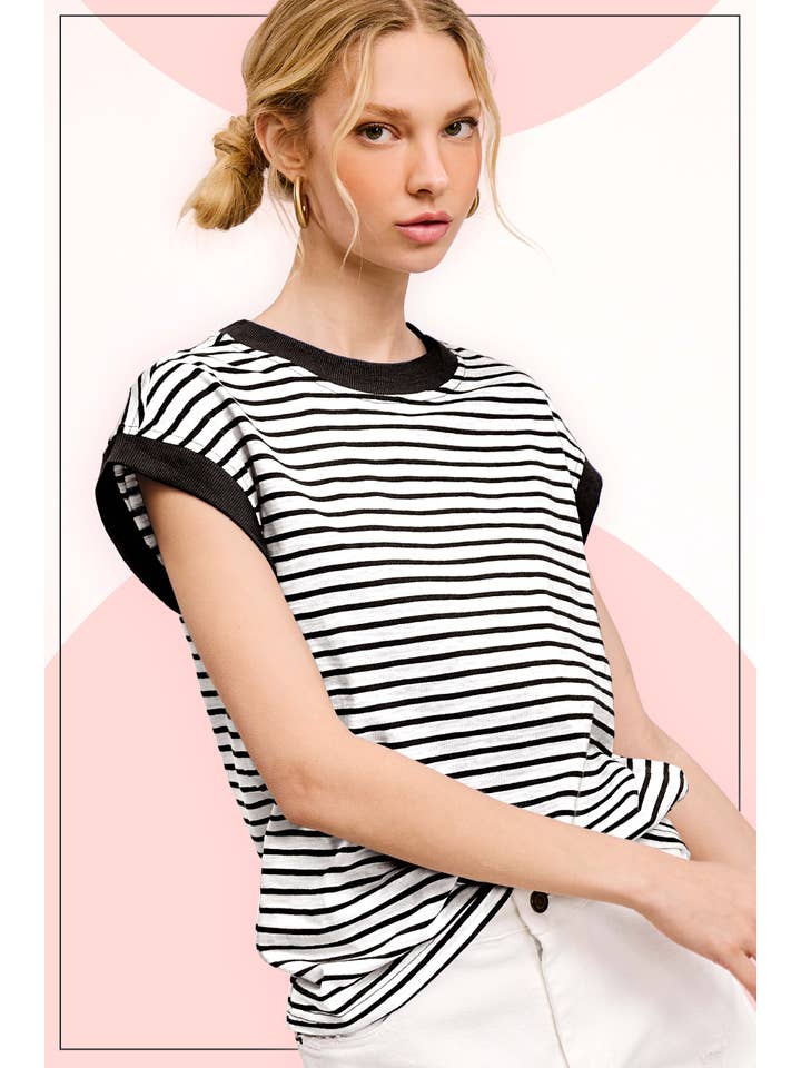 La Miel - Wholesale T-Shirt - Women's - JDT7710-Nautical Cap Sleeve Striped Top