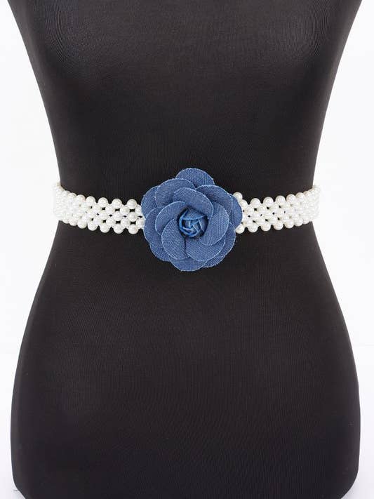 Faux Pearl Denim Flower Buckle Stretch Belt PB8858 for wholesale by anbfashion