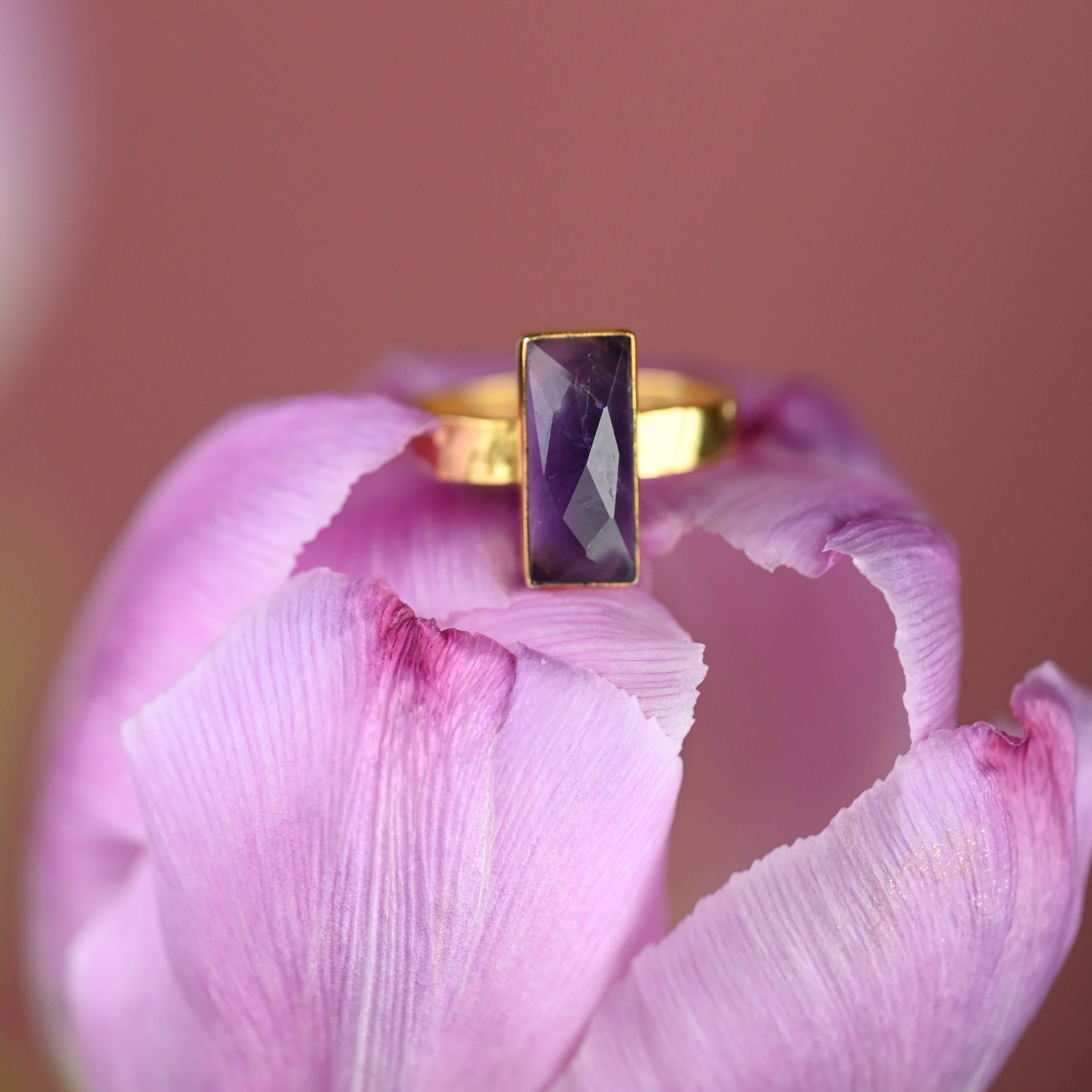 KBD Studio - Wholesale Cocktail/Statement Ring - Amethyst  Rectangle Ring on a Hand Hammered Golden Band7