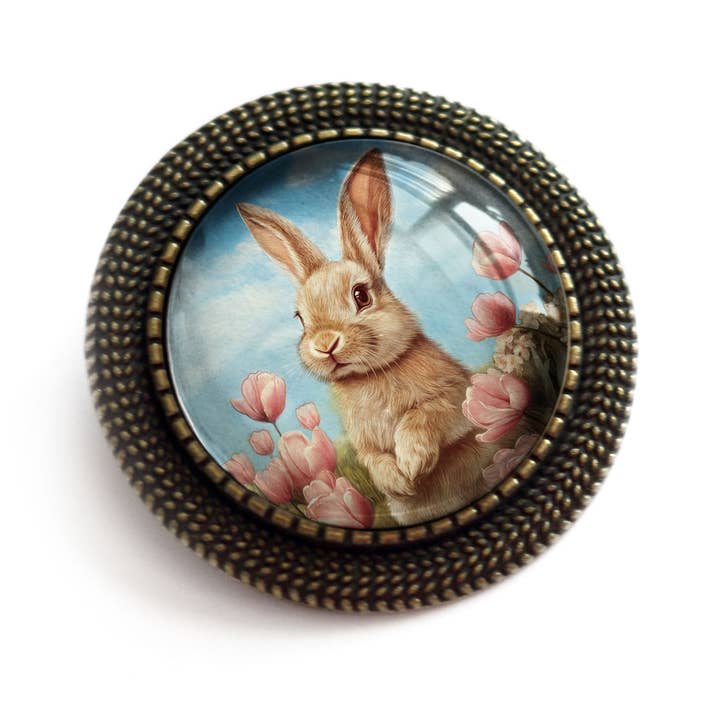 Easter Bunny in Pastel Pink Tulips Sweet Spring Brooch for wholesale by The Divine Iguana
