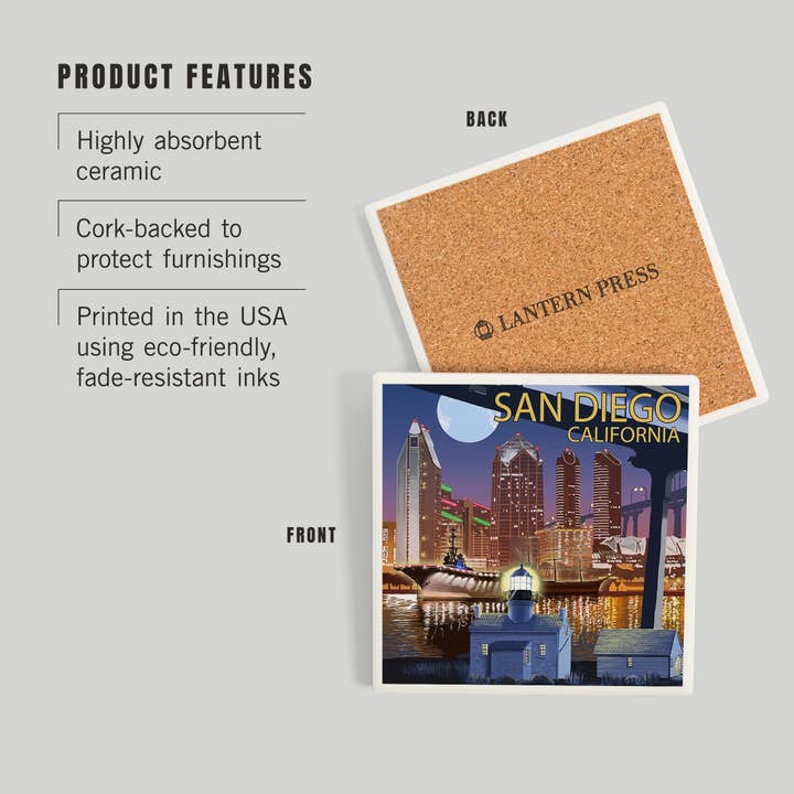 Lantern Press - Wholesale Coasters - CERAMIC COASTER San Diego, California, Skyline at Night2