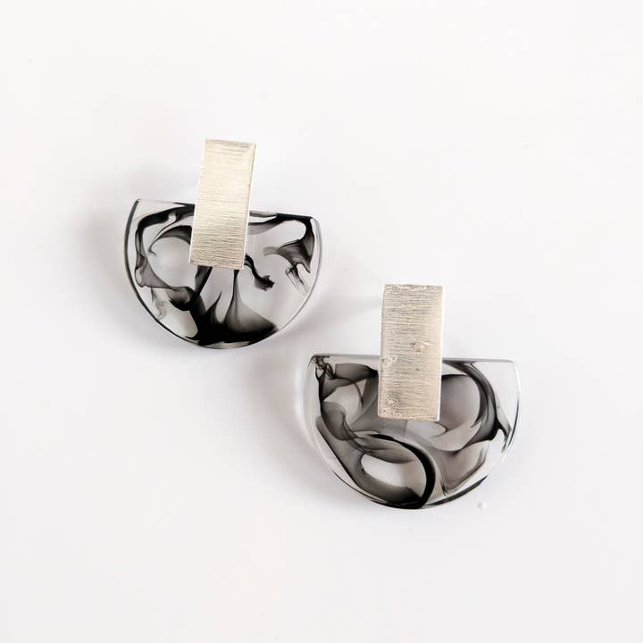 Belart Fair Trade - Wholesale Stud/Post Earrings - Eco-Resin Half Moon Hui Earrings w/ Precious Metal Rectangle