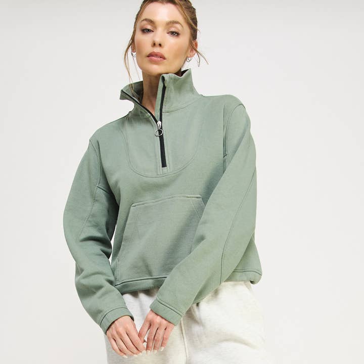 FREEZIA - Wholesale Sweatshirt - Women's - FRENCH TERRY NECK HALF ZIP SWEATSHIRT PULLOVER-FZ001218