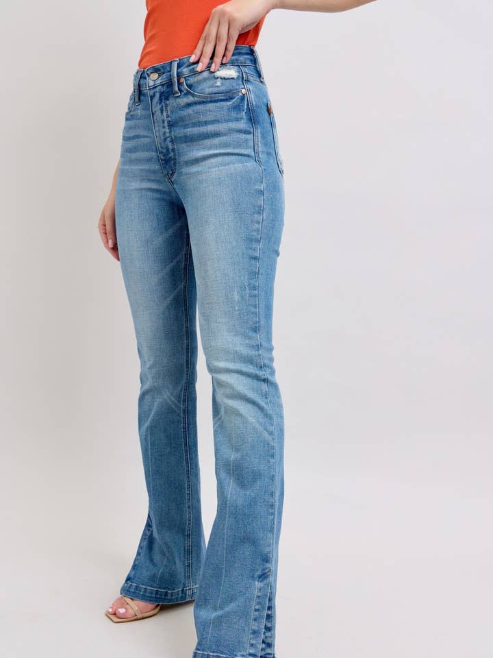 Watermelon Apparel - Wholesale Jeans - Women's - Judy Blue High High Waist Tummy Control Vintage Wash Side Slit Bootcut, Inseam 32"