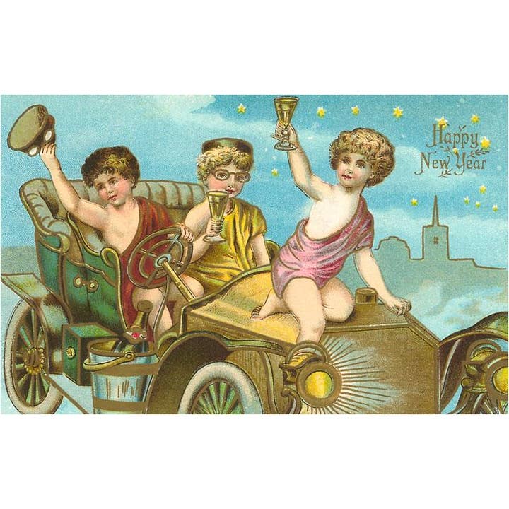 Found Image Press - Vente Cartes postales - Carte postale HN-12 Bonne année, Enfants dans une vieille voiture