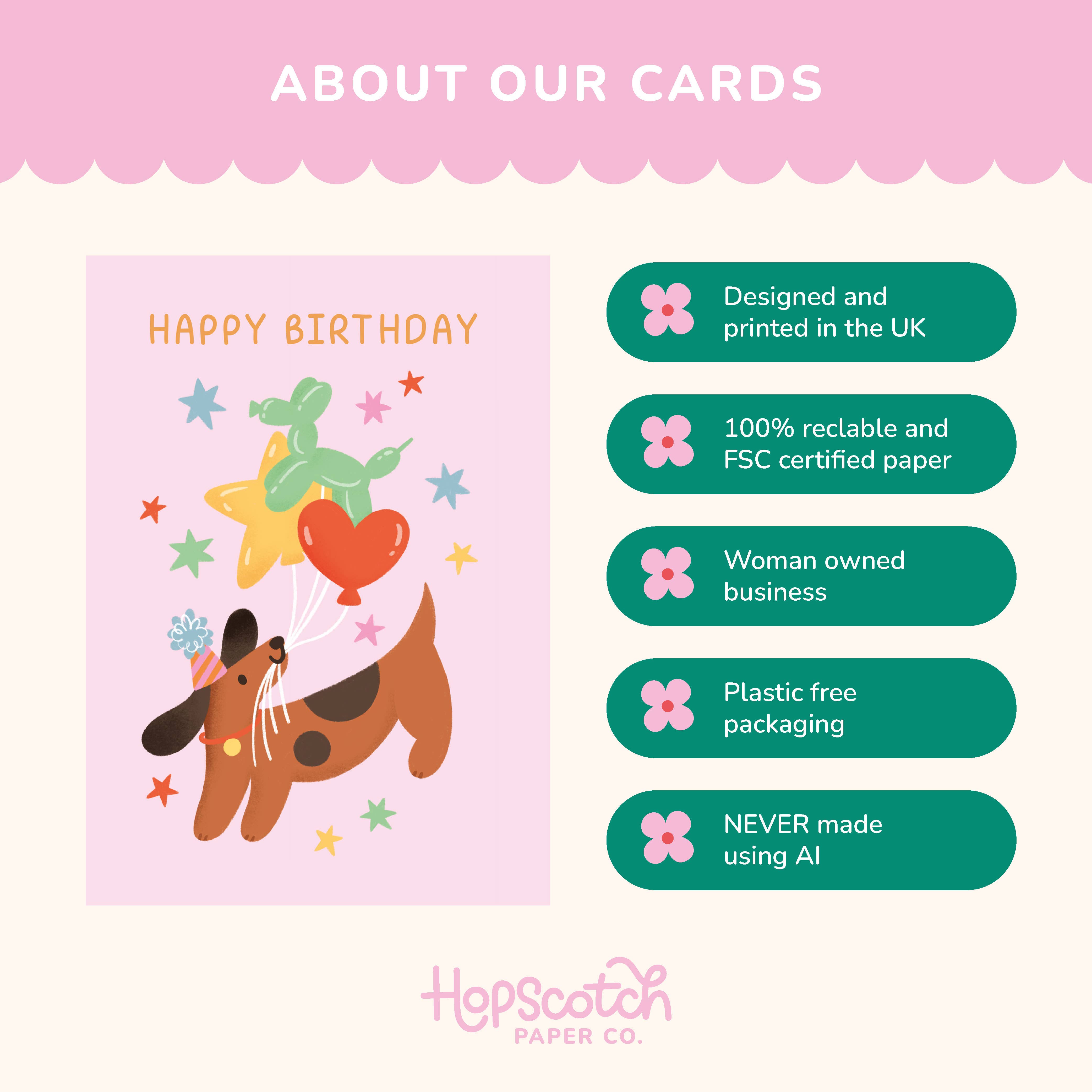 Hopscotch Paper Co. - Wholesale Birthday Card - Sausage Dog & Balloons! Dachshund Birthday Card2