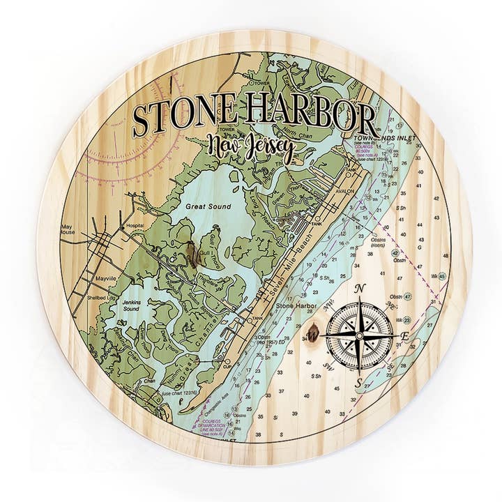 Stone Harbor, NJ 18" Wood Circle Map for wholesale by Map Mom