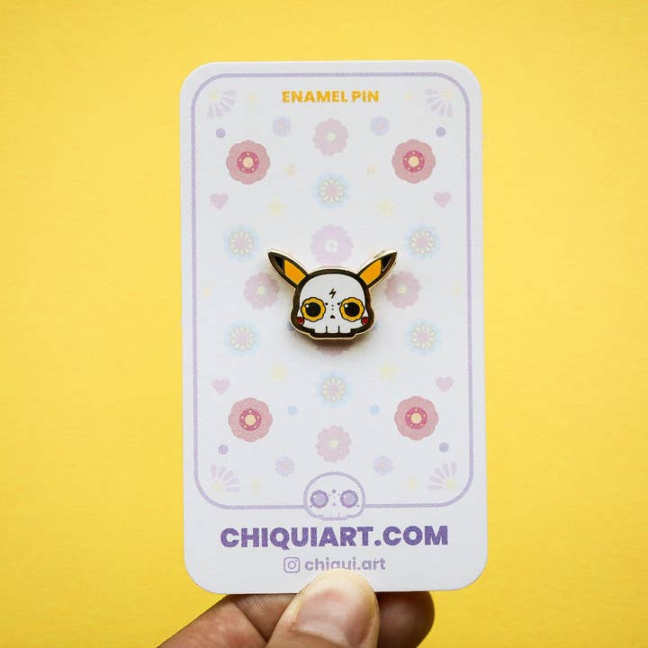 Pikachu Skull Gold Plated Hard Enamel Pin for wholesale by Chiqui Art