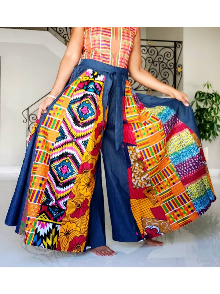India Batik - Wholesale Pants - Women's - 702- Women Palazzo Pant - Denim/Multi Prints3