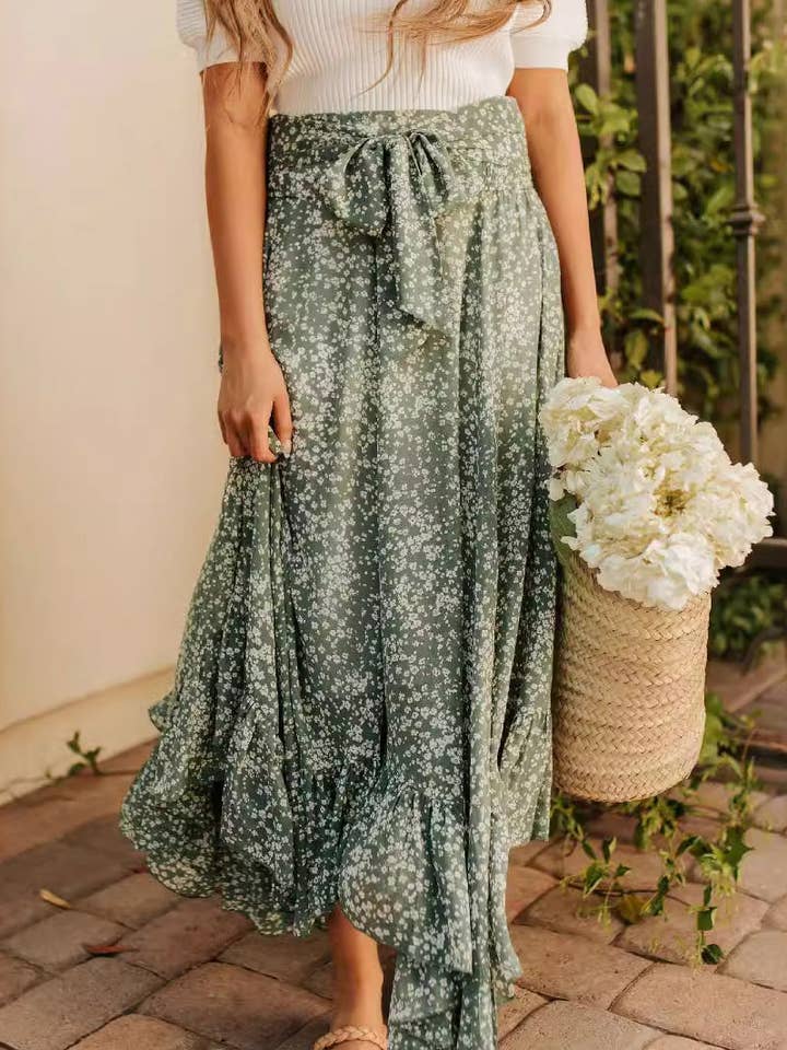 GREEN Floral Wrap-Tie Rayon Midi Skirt for wholesale on Faire0