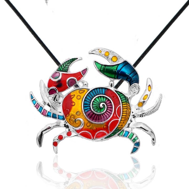 BESHEEK JEWELRY - Wholesale Jewelry Set - Red & Silvertone Mosaic Crab Pendant Necklace & Earrings2