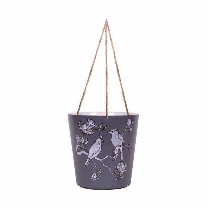 6.5" Blue Hanging Bird Flower Pot for wholesale by Blue Sky Clayworks