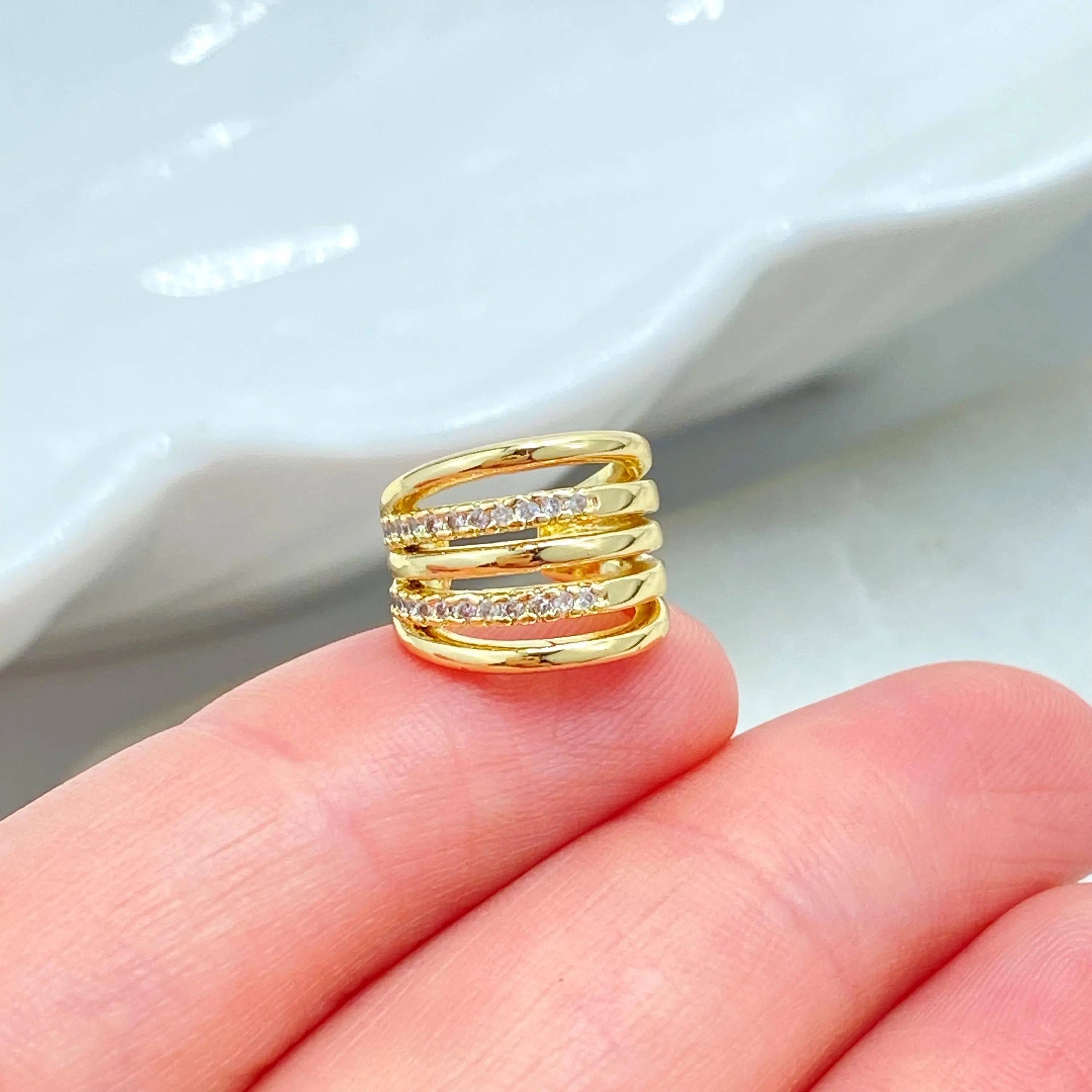 Luxus Accessories – Brincos de punho/trespasse por atacado – Brinco de Pressão Triplo em Ouro 18k, Micro Zircônia Cúbica, Brinco Delicado, Look Moderno em Camadas, Presente para Ela1