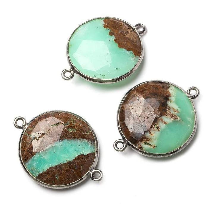 Black Gold Bezeled Chrysoprase & Matrix faceted coin Connector 1 piece for wholesale by The Bead Traders