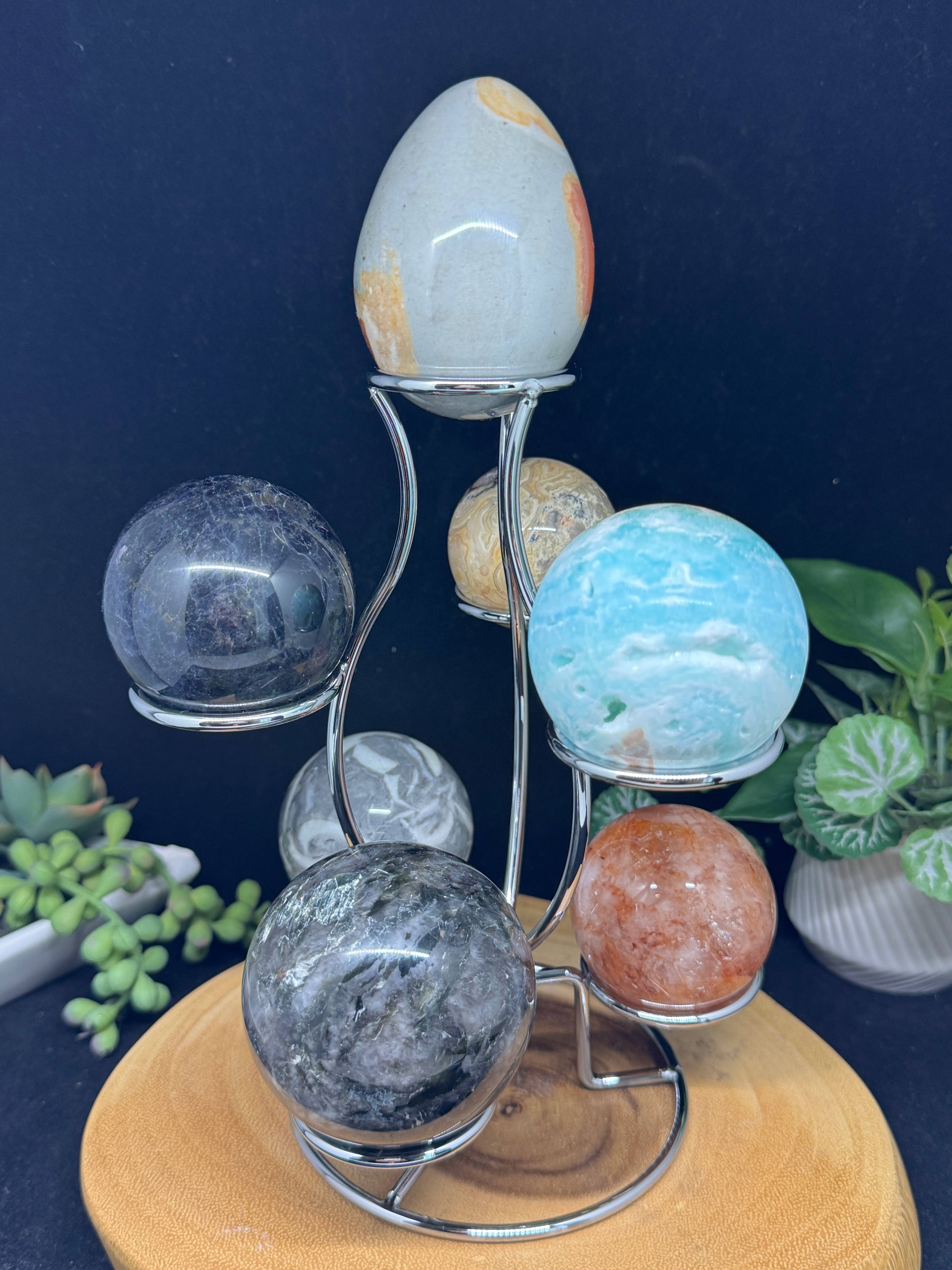 The 7 Directions - Wholesale Spiritual Stone/Crystal - 7 pc Mica Iolite fire quartz sphere w/ display stand G99610