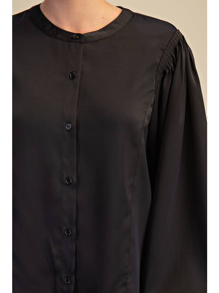 Glam - Wholesale Blouse - Women's - Round Neck Button Down Puff Long Sleeve Satin Top10