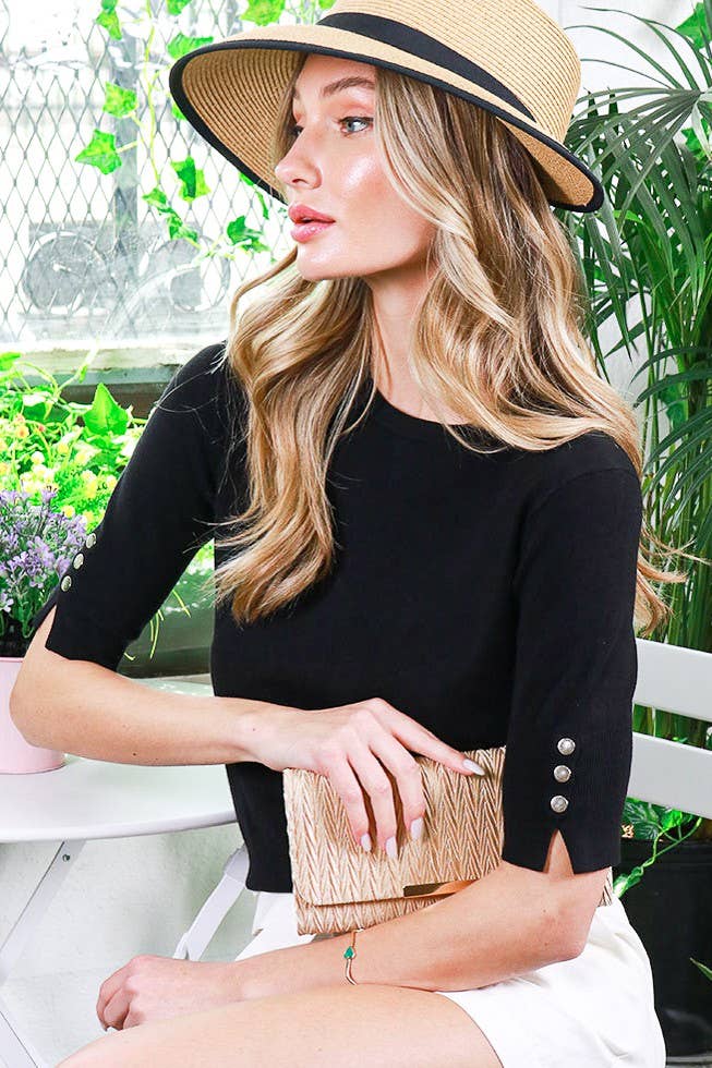 Vine & Love - Wholesale Knit Sweater - Women's - Crew Neck Short-Sleeve Button Detail Sweater Top VT81653-10