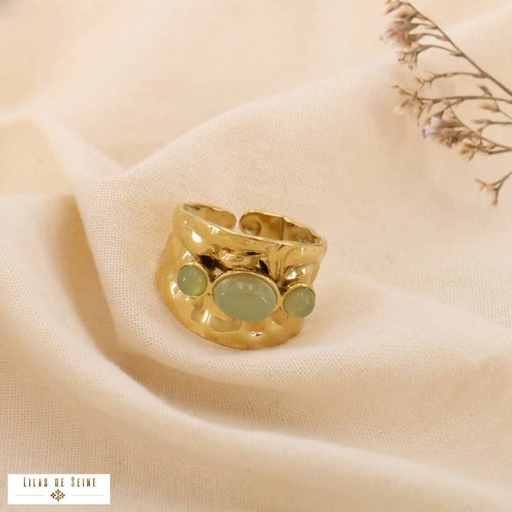 Lilas de Seine - Wholesale Multi-Stone Ring - Adjustable hammered steel ring with mother-of-pearl stone cabochons 04250362