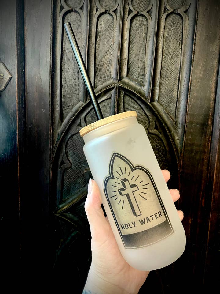 Holy Water Frosted Glass Cup with Lid & Straw – Gothic Chris for wholesale by Psychic circle oddities