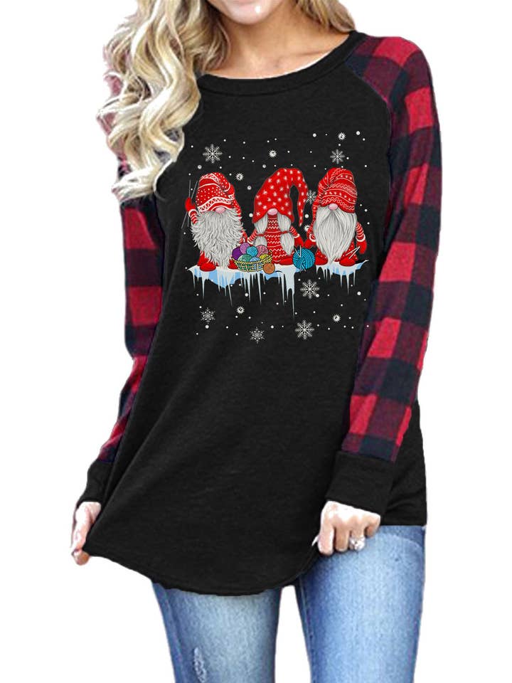 Women's Christmas 3SANTA Print Crew Neck Long Sleeve T-Shirt for wholesale by Suzie Q USA
