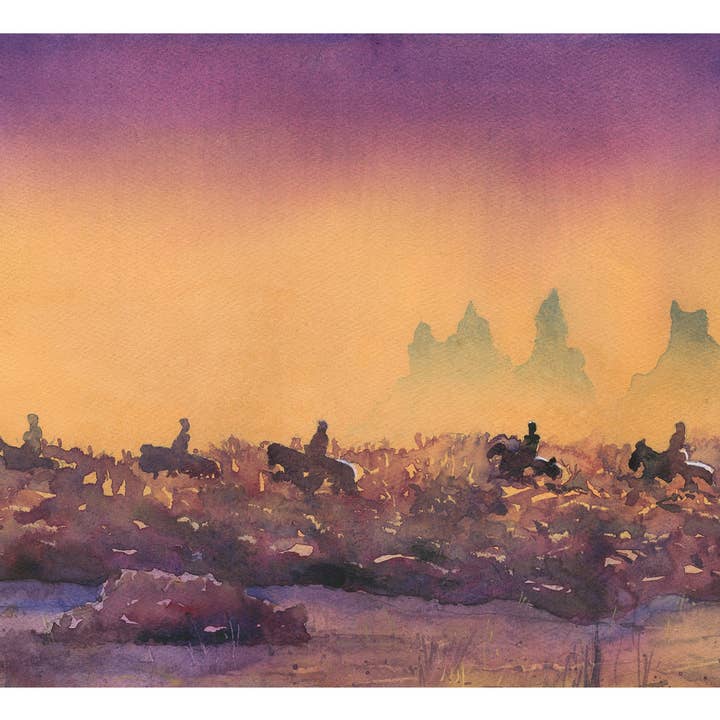 Vik Iceland watercolor painting. Riders on horses & rocky coast of Iceland sunset artwork blue moonlit landscape art (print) for wholesale by Ryan Fox Fine Art