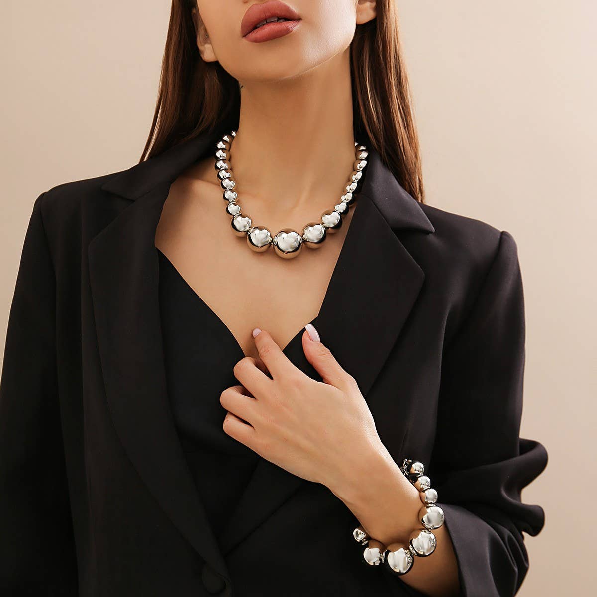 ACCITY - Wholesale Jewelry Set - VINTAGE MINIMALIST LARGE BEADED NECKLACE BRACELET_CWAJE11729