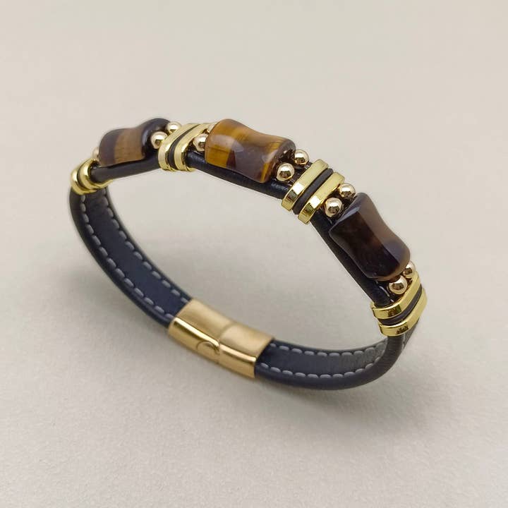 Mio Queena - Wholesale Bangle Bracelet - Tiger's Eye Stone Charm Men's Leather Bracelet - MJ/BC5