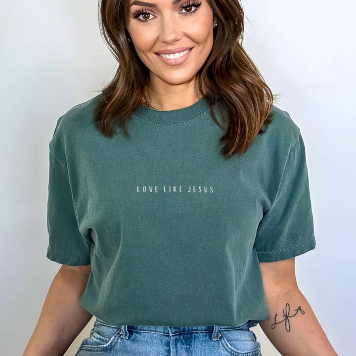 Scripted Pearl - Wholesale T-Shirt - Women's - Love Like Jesus Embroidered Comfort Colors Christian T Shirt