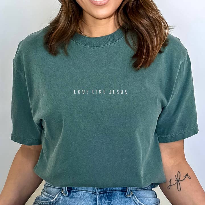Scripted Pearl - Wholesale T-Shirt - Women's - Love Like Jesus Embroidered Comfort Colors Christian T Shirt0