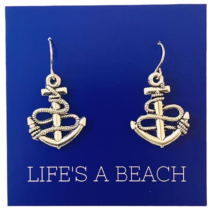 Broken Record Boutique - Wholesale Dangle Earrings - Silver Rope Anchor Dangle Earrings on "Life's a Beach" Card