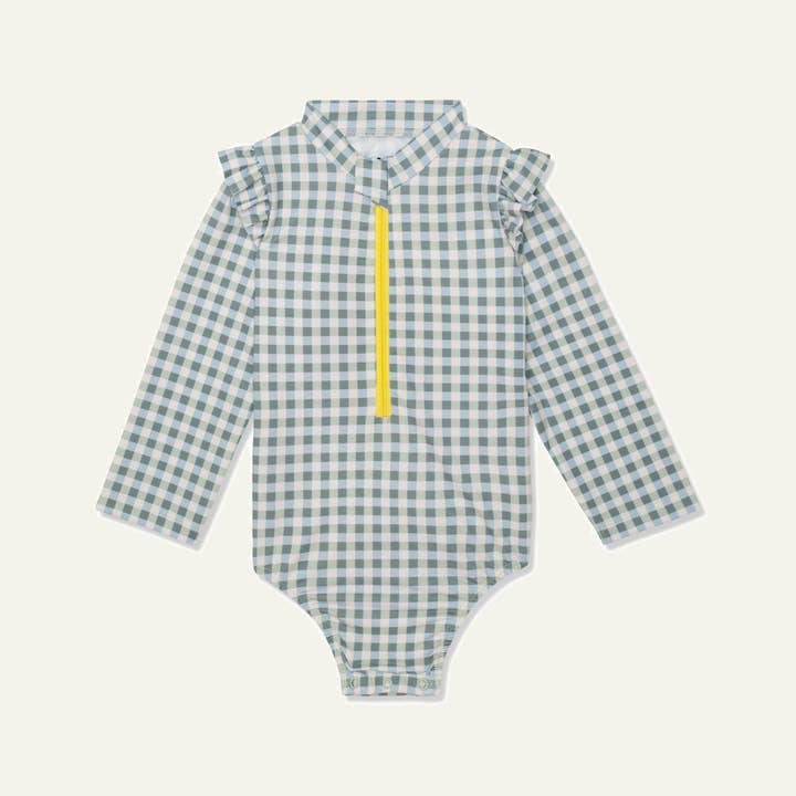 Faded Denim Recycled Polyester Blue Zipped Baby Rashguard for wholesale on Faire