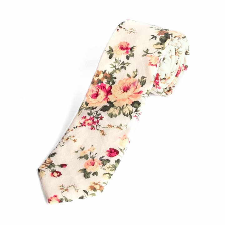 Cream Floral Skinny Tie for wholesale by Groomsman Gear