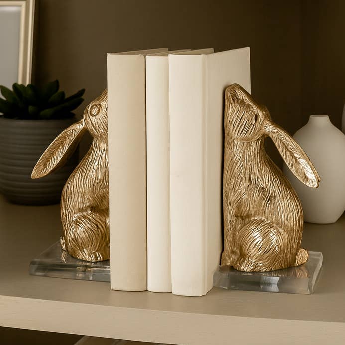 Ensemble de serre-livres de 2 - Figurine de lapin moderne en métal doré, 9 po. pour la vente par Elevarre
