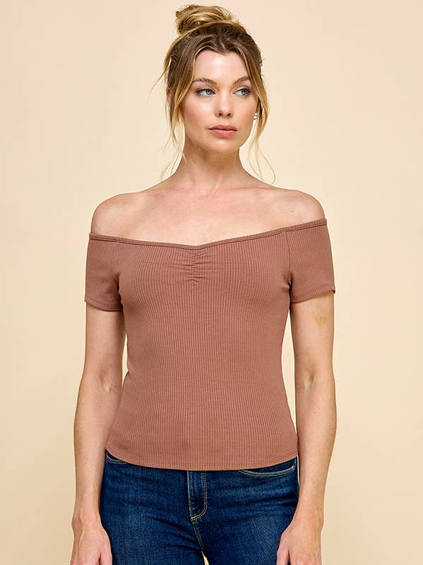 RT38297 - FRONT RUCHED RIB OFF SHOULDER TOP for wholesale by Heart & Hips