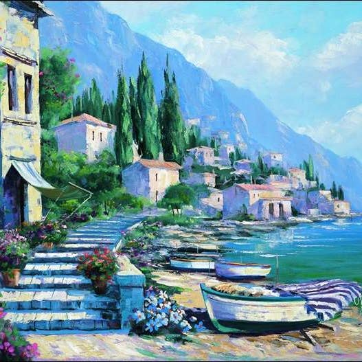 Bernardino Gianola - Town On The Coast With Boats for wholesale by Migneco & Smith