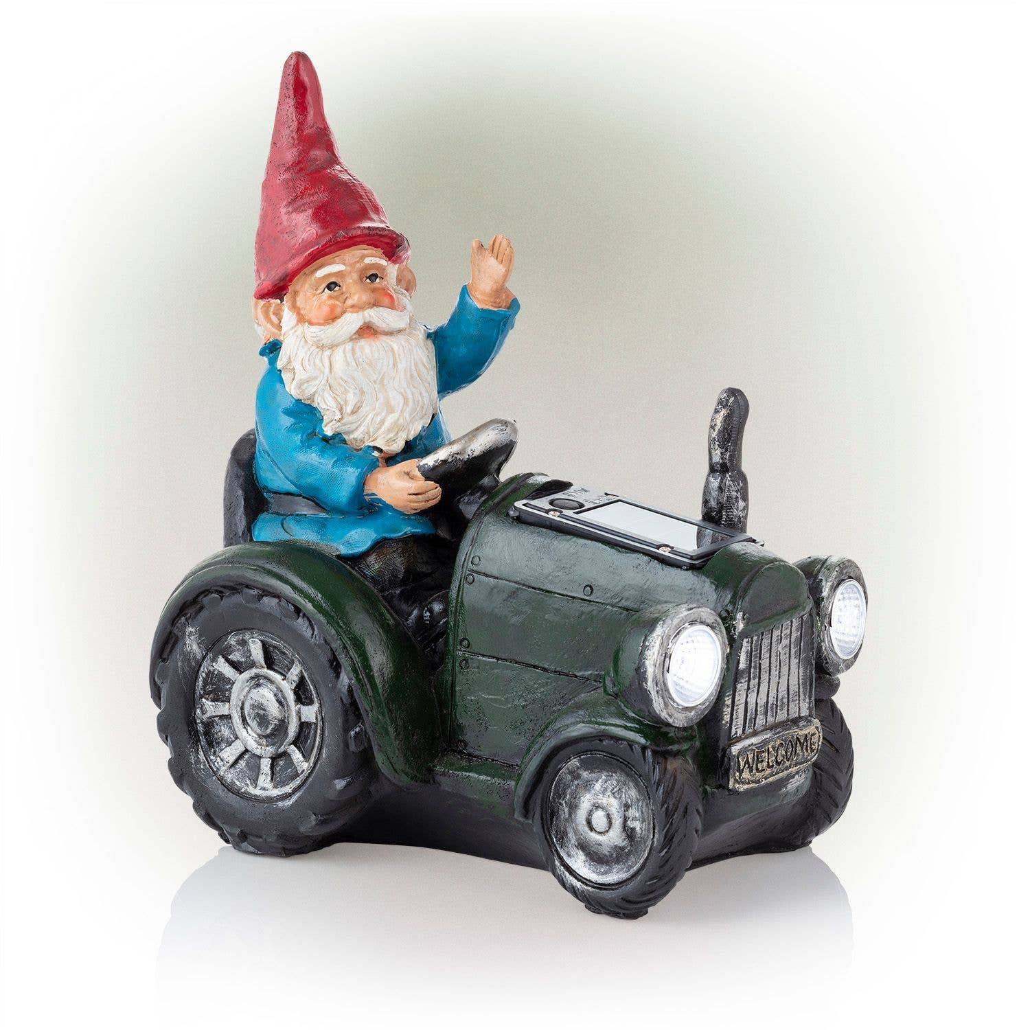 Alpine Corporation - Wholesale Garden Gnome - Solar Green Tractor Riding Gnome with Cool White LED Lights7