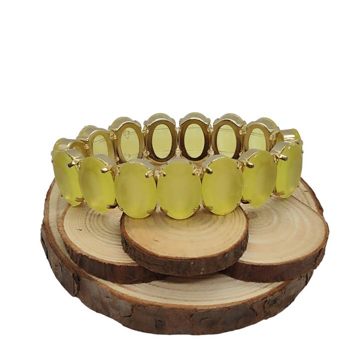 QUÉ MÁS JEWELS - Wholesale Beaded Bracelet - Elastic Lux Oval Stones Bracelets Sat - Jonquil Sat