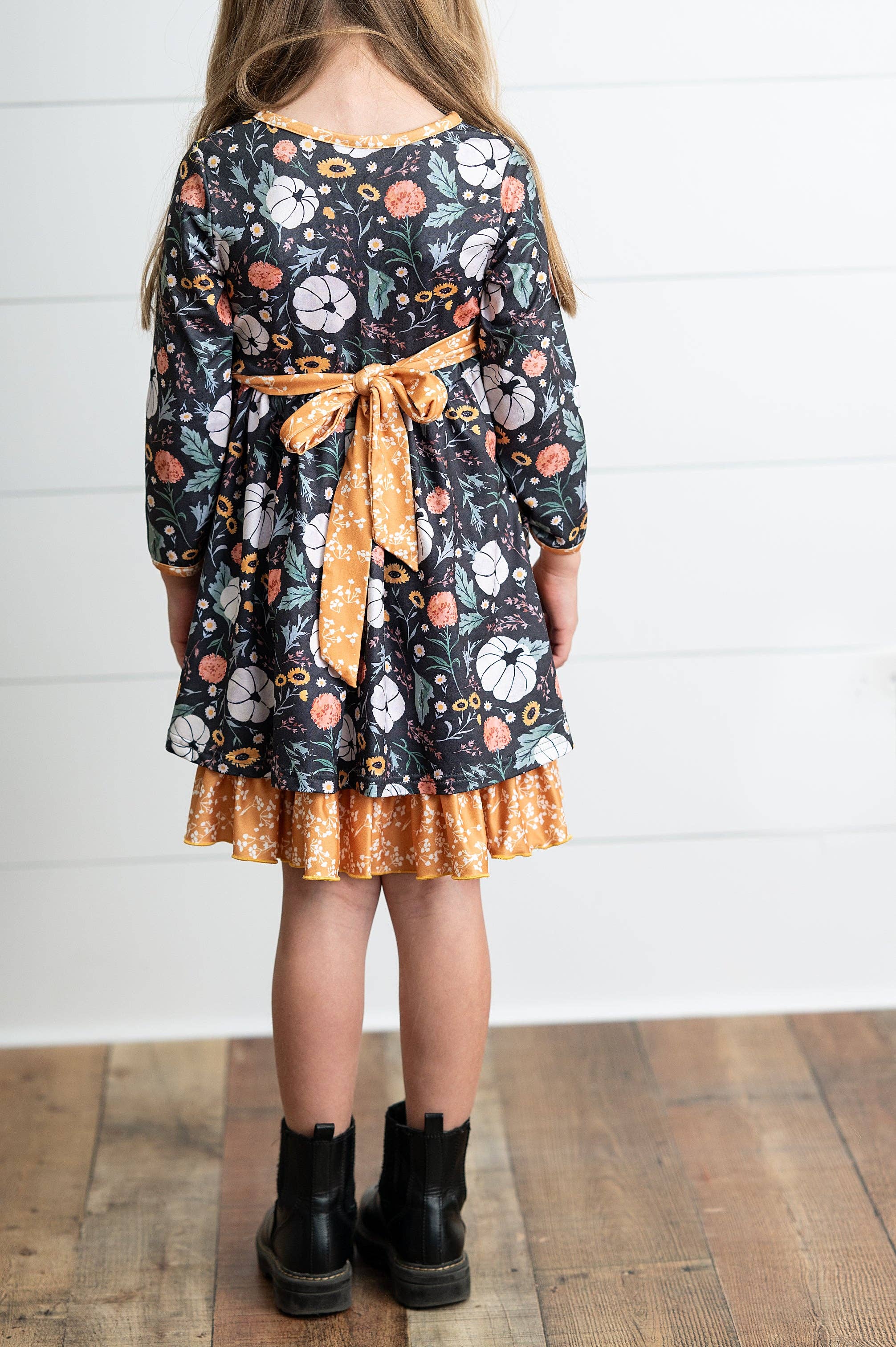 Oopsie Daisy - Wholesale Dress - Kids - Girls Mustard Pumpkin Ruffle Pocket Button Tie Fall Dress5