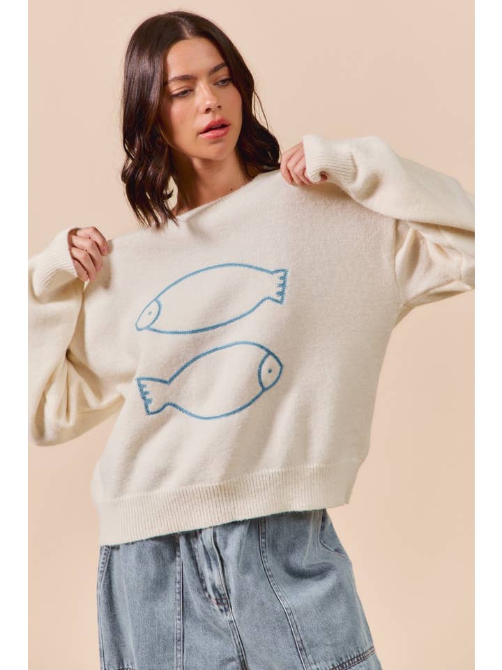 IVORY Loose Fit Fish Embroidered Sweater Top for wholesale on Faire1